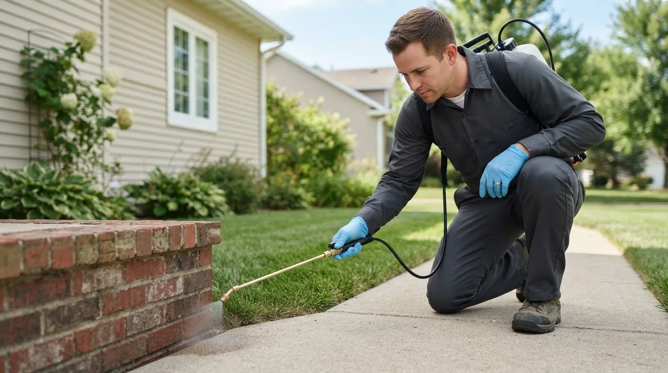 Pest control technician treating a home near Palmyra, NE