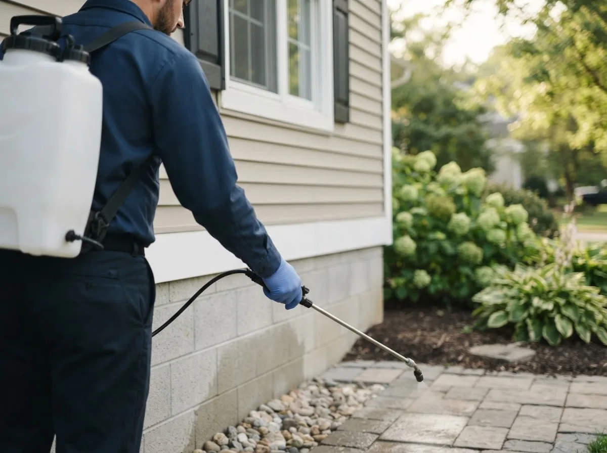 Pest control technician inspecting a home in Palmyra, NE